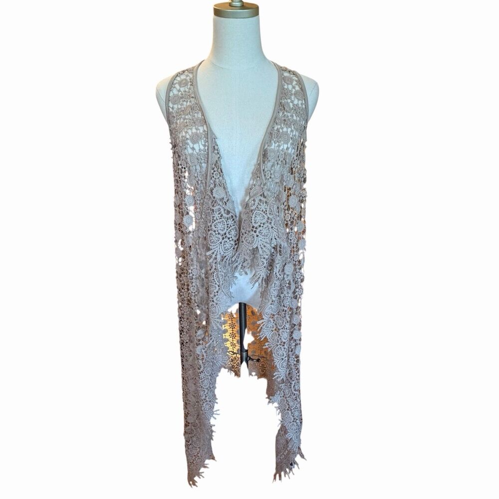 Altar'd State Boho Festival Crochet Lace Duster Vest Cardigan Size S Open Front